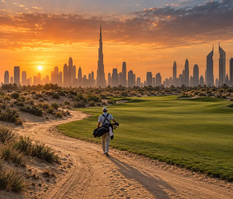 A golfer walking a desert course at sunset